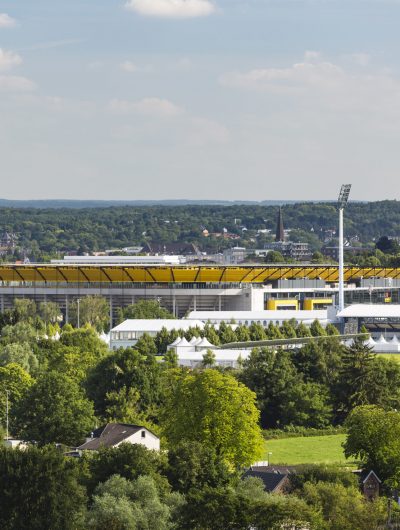 High angle view from Berensberg down to the Tivoli soccer stadium and the equestrian Hauptstadion of Aachen.